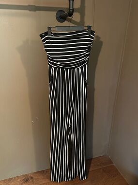 hello miss Black & White Strapless Vertical-Stripe Jumpsuit